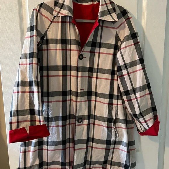 Reversible Red Plaid Short Rain Coat with Cuffs - Picture 2 of 9